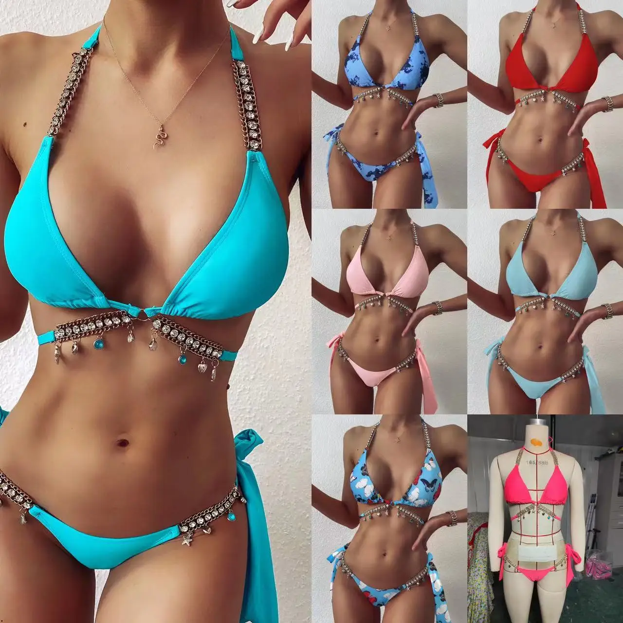 

Разделенный купальник, сексуальный купальник-бикини с синими кристаллами и бриллиантами, новинка 2025 года