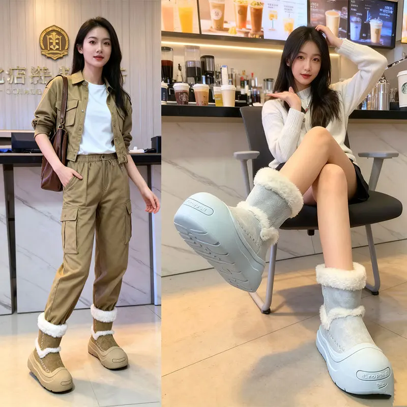 

Women's Winter Warm Fleece Lined Anti-slip Cotton Snow Boots Thick Bottom Fur Integrated Short Booties Waterproof Platform