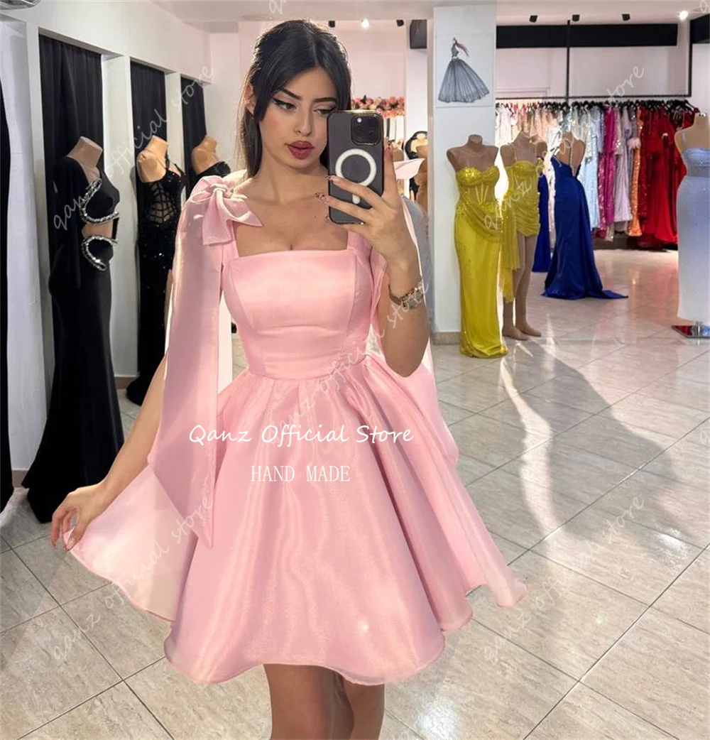 Qanz Pink Organza Prom Dresses Bow Straps Short Prom Dresses A Line Vestidos De Fiestas Elegantes Mujer De Noche 2024 Customized