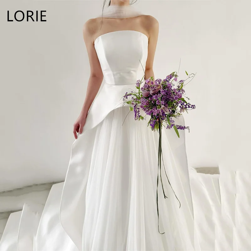 

LORIE A-Line Ivory Tulle Wedding Dresses Strapless Bride Prom Gown Sleeveless Ankle Length Draped Bridal Gown 2025 Customized