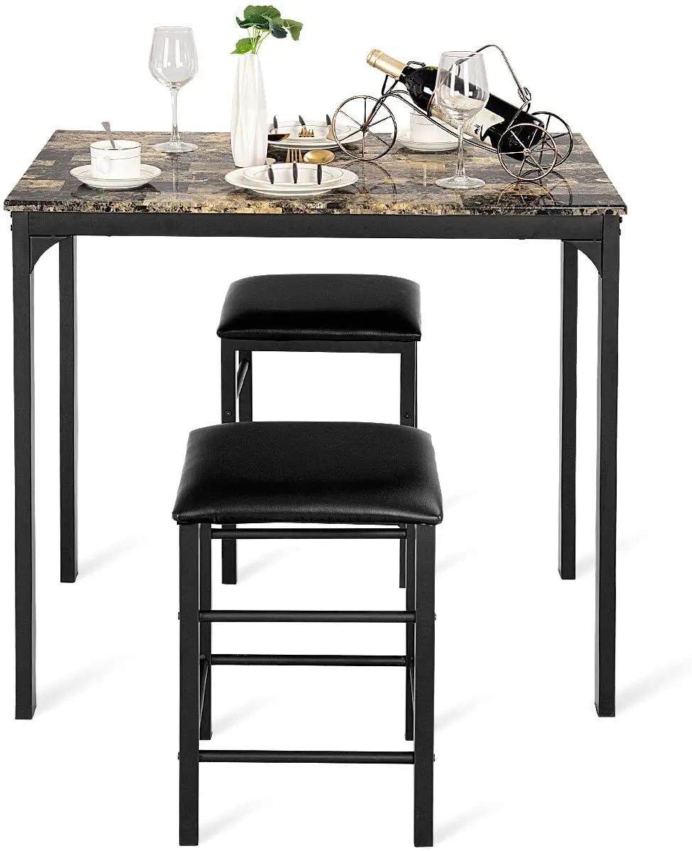 

3-Piece Dining Table Set With 2 Faux Leather Stools Counter Height Kitchen Bar Table Black Marble Top