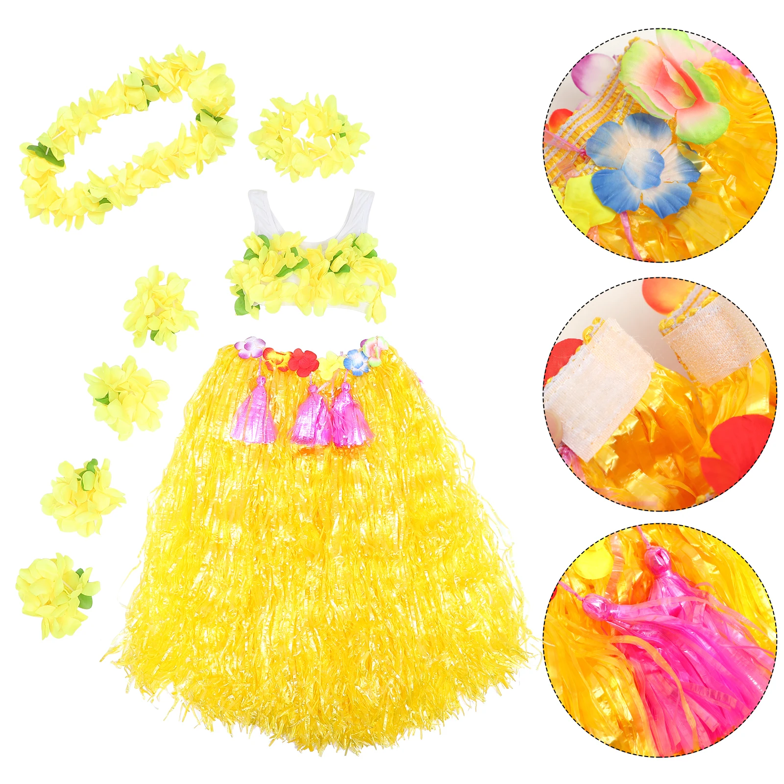 6 Pcs Dance Costume Girls Luau Outfit Grass Skirt Hawaiian Hair Wreath Party Wristbands Costumes Skirts Dress Child