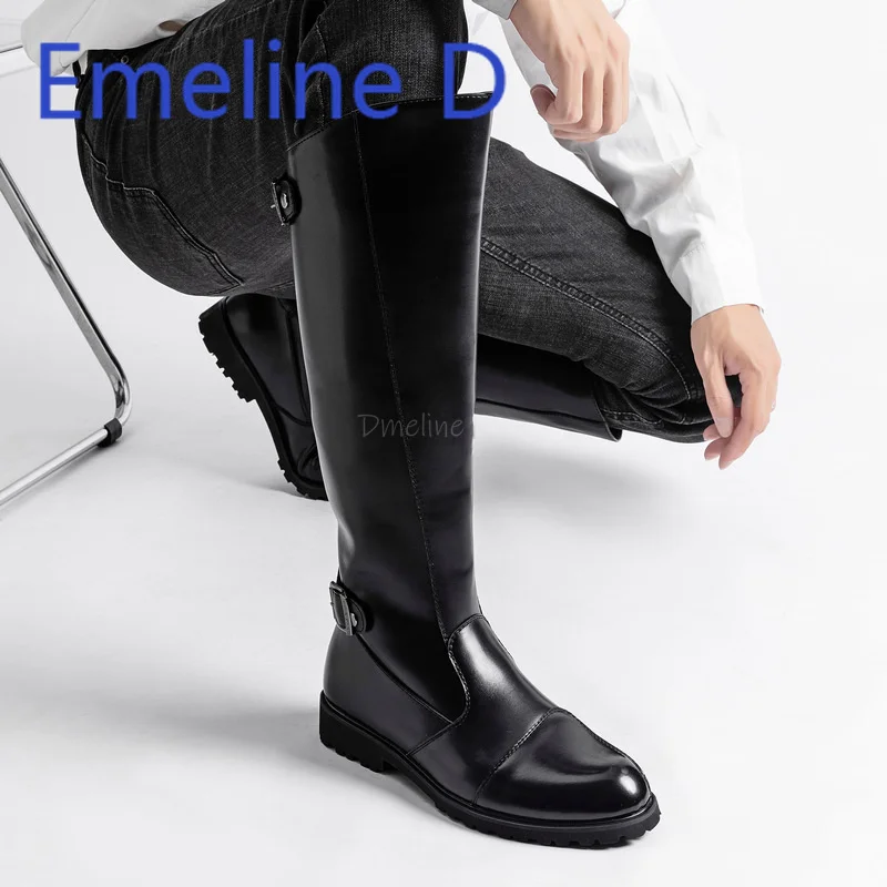 

High Top Leather Boots for Men Fashionable Simple Monochrome Retro Zipper, British Motorcycle Rider British Style Long Boots