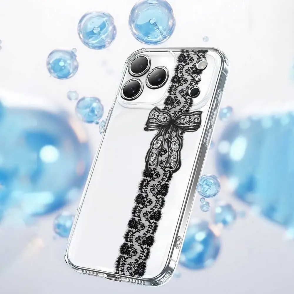 Mode Rosa Schwarz Spitze Druck Muster Telefon Fall Für iPhone 17,16,15,14,13,12,11 Plus,Pro,Max,Plus,E,SE4,Air,Mini Transparent