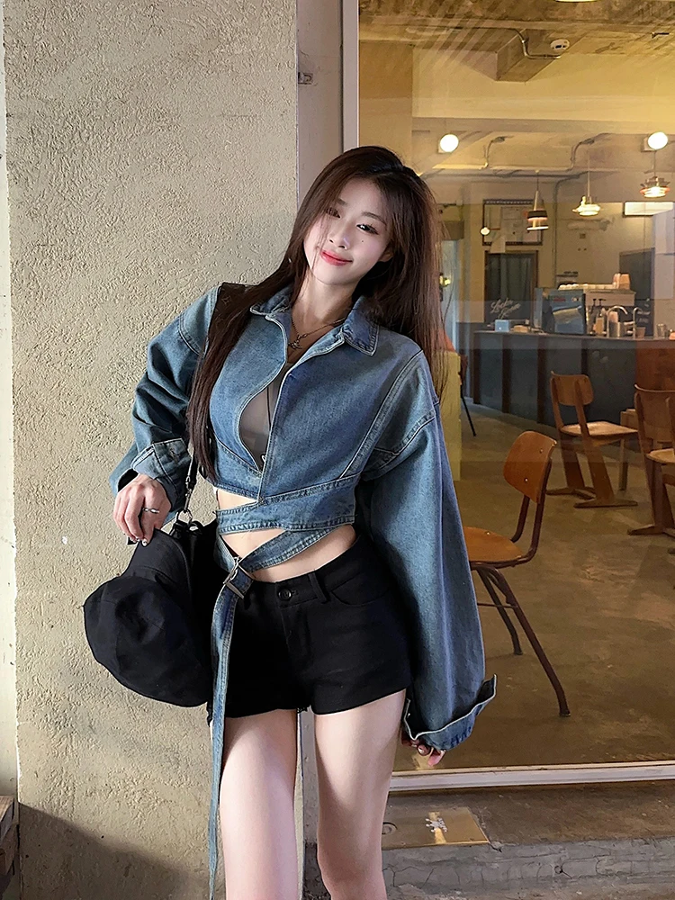 

Джинсовые пальто унисекс, женские весенние пальто, укороченные лоскутные пальто для отдыха, с карманами, на шнурке, минимализм, Young OL