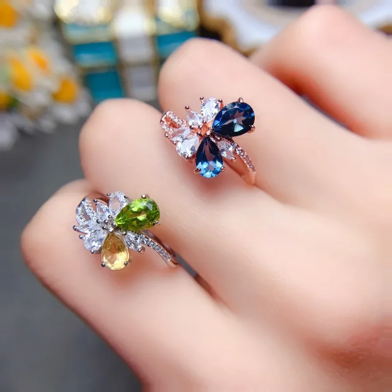 Natural Topaz and Diopside and Citrine Fishion Design for Women Engagement Ring Silver 925