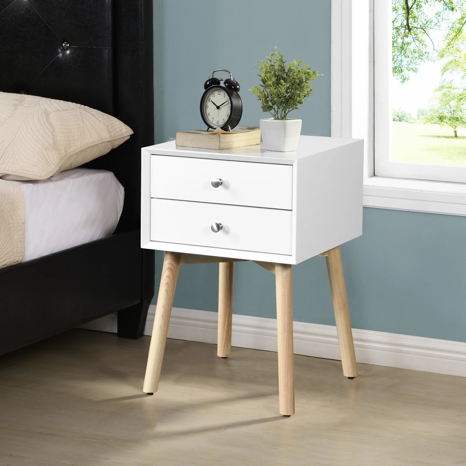 

ZFZTIMBER Side Table with Drawers, Rubber Wood Legs, Mid-Century Modern Storage Cabinet for Bedroom & Living Room - White