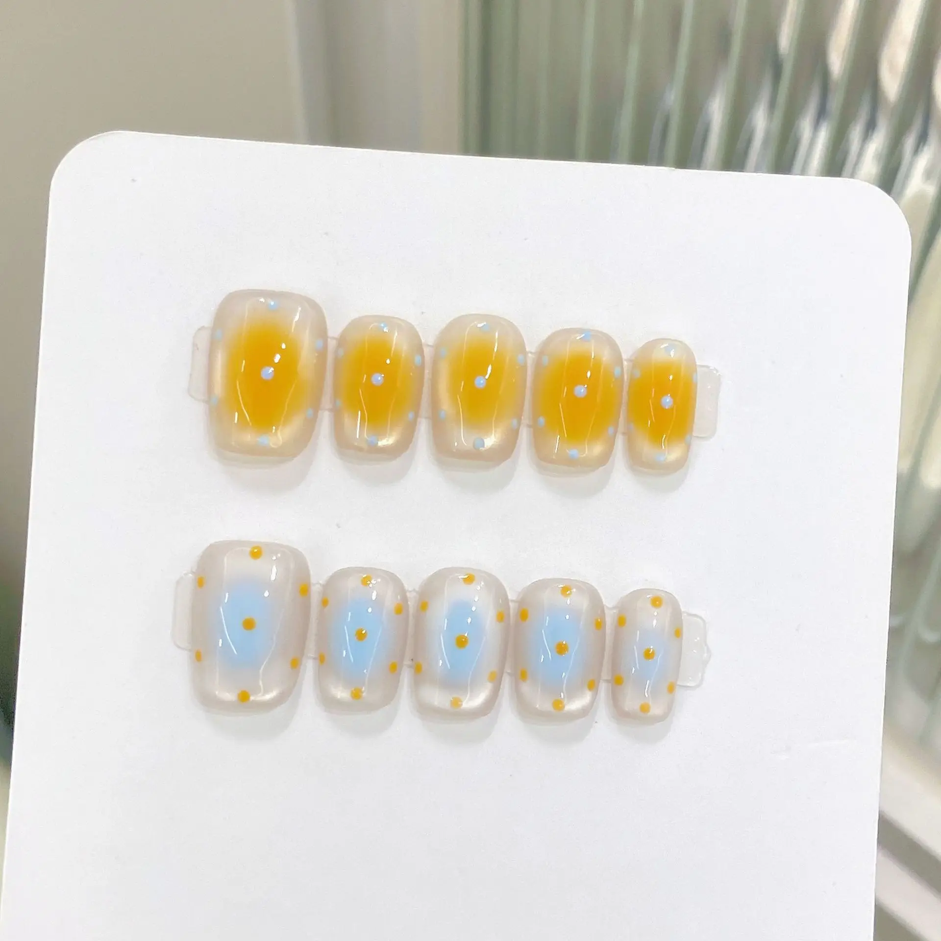 10 Stück handgefertigte gepresste Sarg-Nagelkunst, schöne künstliche Nägel, Meersalz-Käse-Kekse, blau-gelb gepunktete Katzenaugen, ideal für Frauen