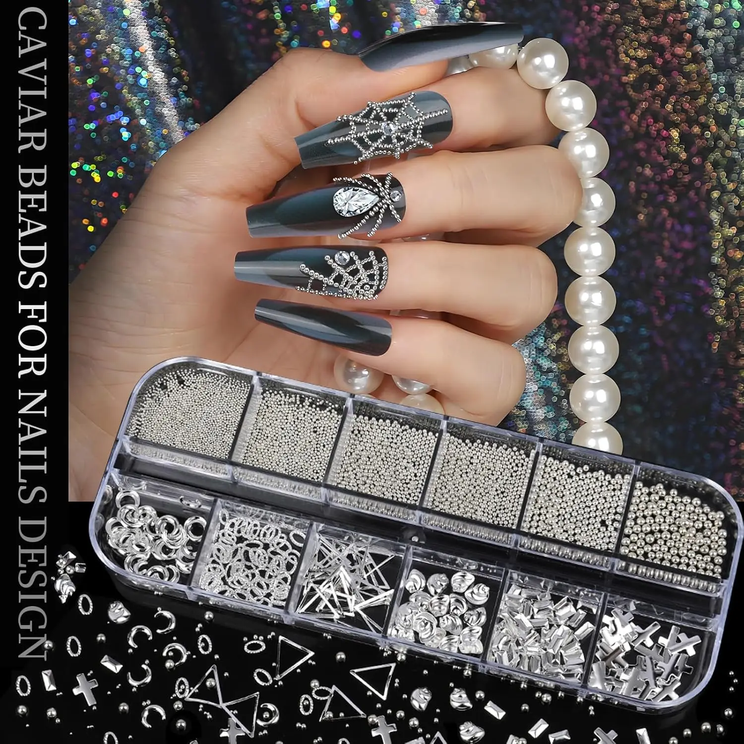 4 Box Nail Rhinestones Set, Silver Color Nail Jewelry, 3D Cross Heart Flat Backs, DIY Nail Art Accessories, Resin & Metal Charms view 4
