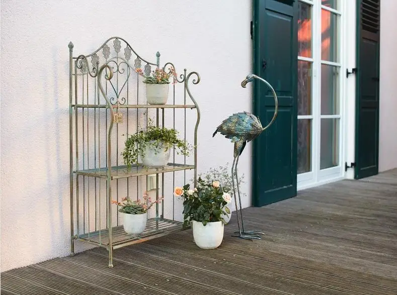 French style rural vintage iron art, dark green vintage cast iron flower rack storage rack