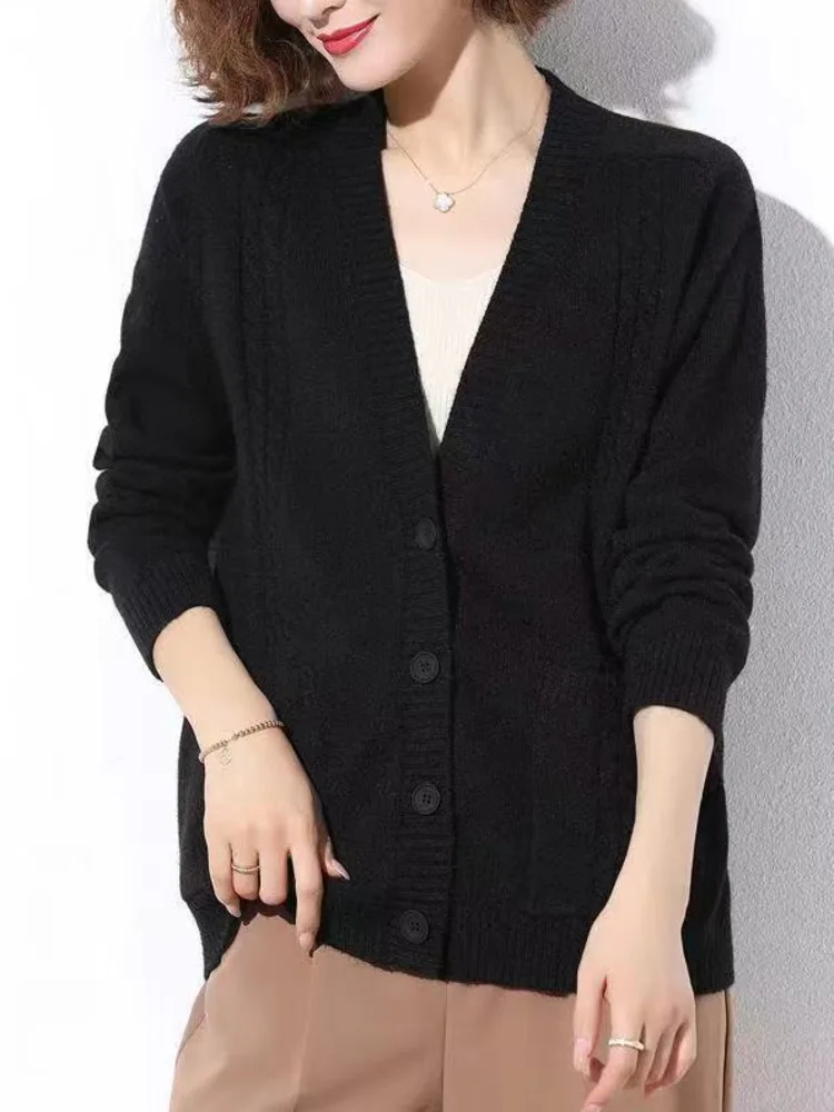 Knitted Cardigan Women Long Sleeve Vintage Solid Color Single-breasted V Neck Knitting Cardigans Chic Tops Fashion New 2023