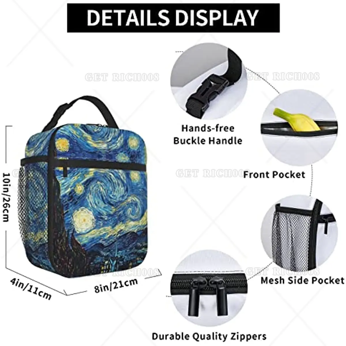 Van Gogh Céu Estrelado Noite Pintura a Óleo Lunch Bag Isolado Portátil Reutilizável Lunch Box com Zipper para Mulheres Homens Piquenique Praia