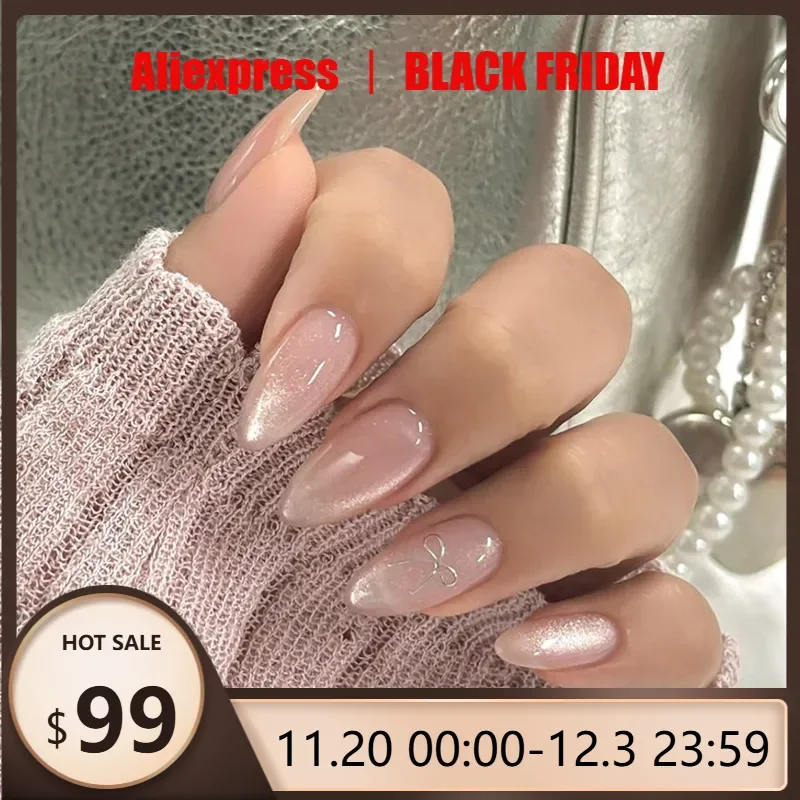 

24Pcs Pink Almond Press-On Nails Glossy Sweety Heart Patterns False Nail Tips with Cat Eye, Mirror Disign for Women&Girls Wear