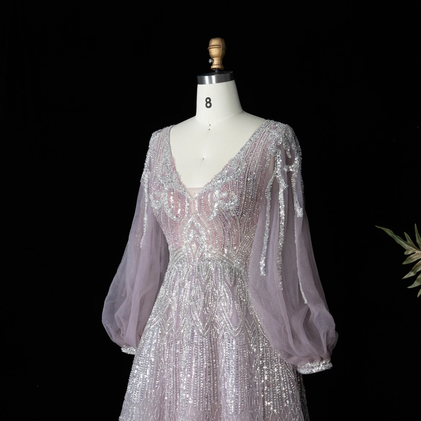 Sharon Said Luxuriöses Rosa Abendkleid mit Perlenstickerei, V-Ausschnitt, A-Linie und Puffärmeln, 2026 Damen Hochzeitsfeier SS057, Maßanfertigung – Detail 8