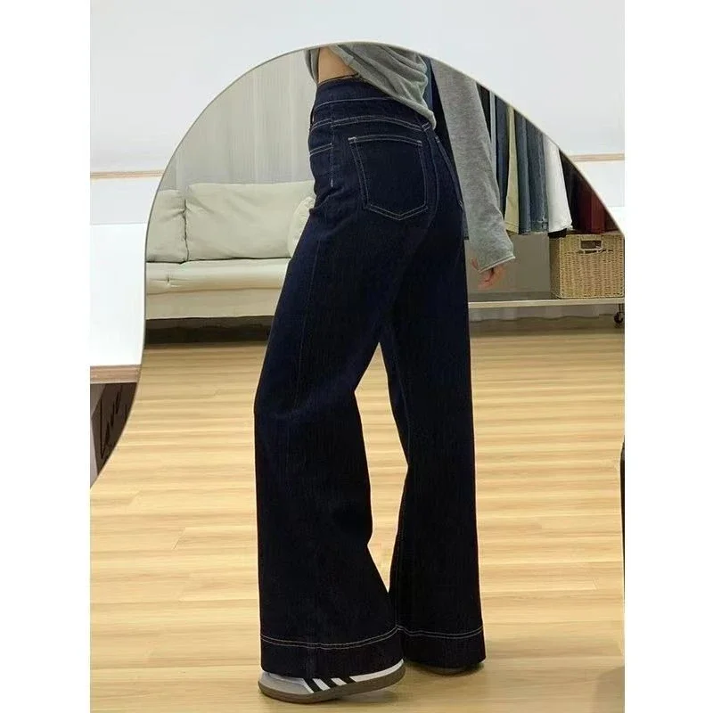 Herfst Lente Rechte Jeans Vrouwen Denim Broek Vintage Denim Broek Mode Vrouwelijke Bule Wijde Pijpen Jeans Casual Broek
