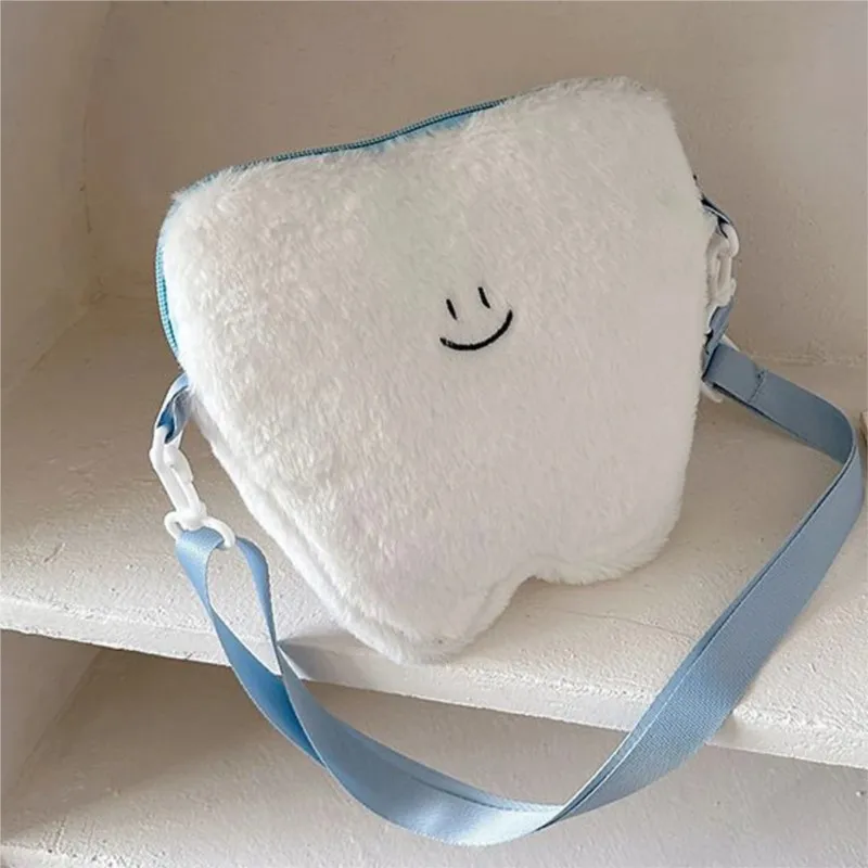 JIAERDI Cute White Tooth Shape Shoulder Bag Women Plush Casual  Messenger Bag Girl Harajuku Large Capacity Dental Clinic Gift