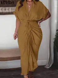 VONDA Plus Size 5XL Women Fashion Shirt Dress 2024 Autumn Solid Color Sundress Casual Loose Pleated Robe Lapel Neck Vestidos