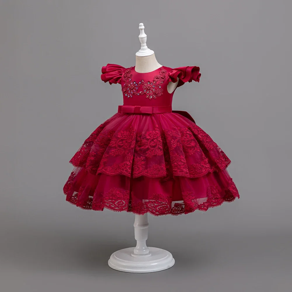 Girls Party Dresses Christmas Red Lace Girl Kid's Dress elegant Children Princesses Ball Gown 2-10 Years