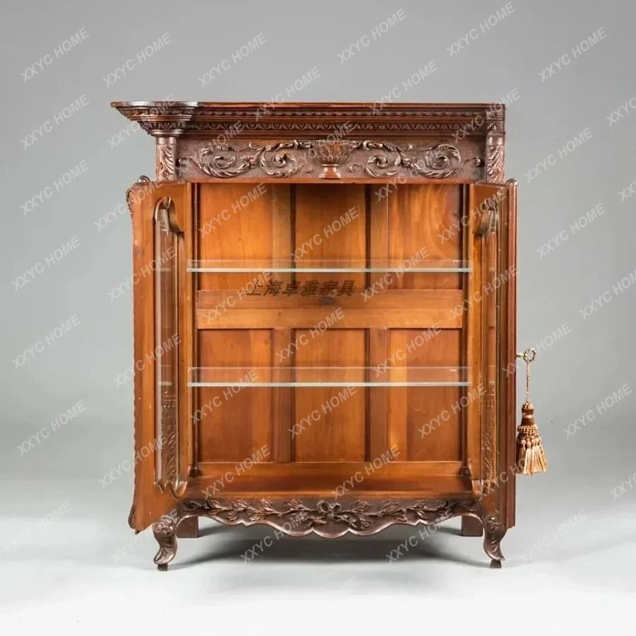 

YX European retro solid wood carving old entrance cabinet French engraving classical medieval glass display wine cabinet