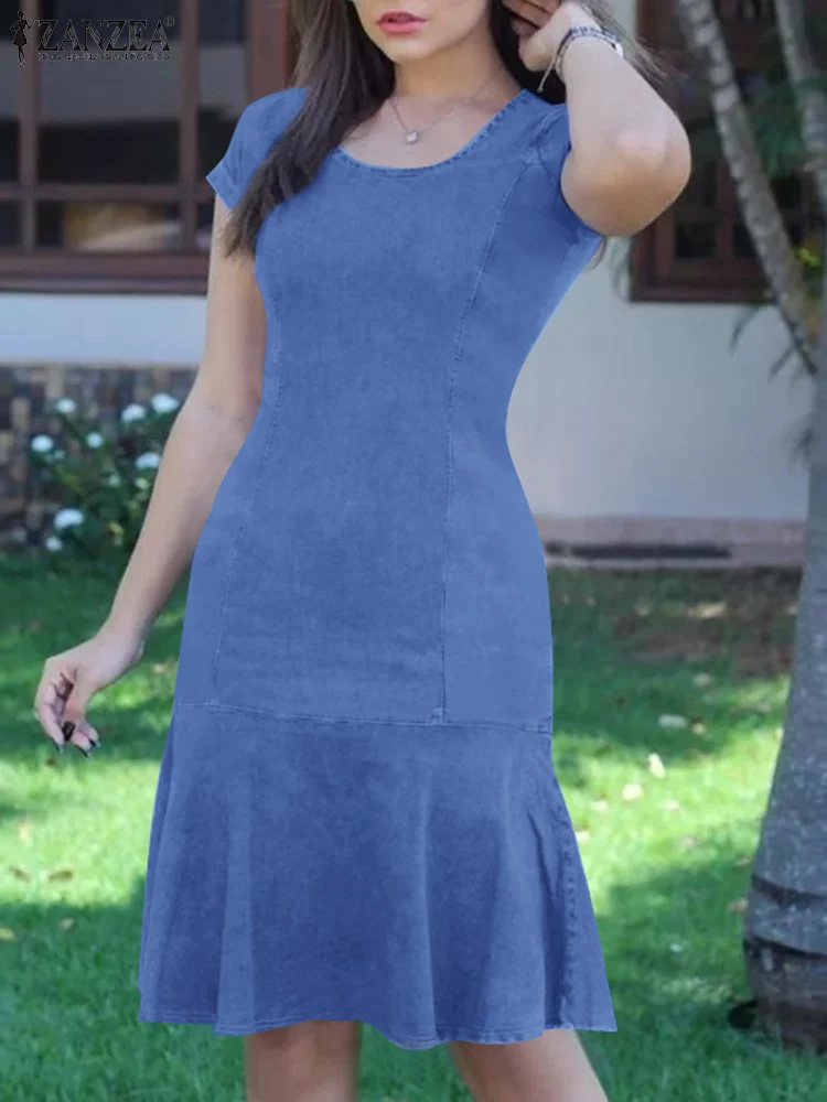 Summer Denim Blue Dress 2024 ZANZEA Women Elegant Short Sleeve Work Sundres Robe Femme Stylish Ruffles Hem Vestidos Sarafans