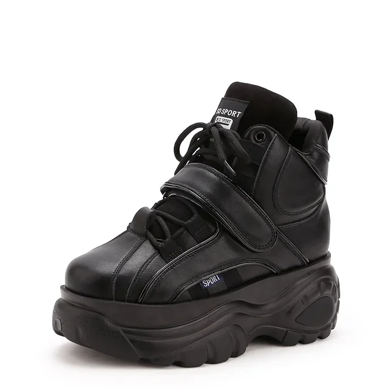 Genuine Leather High Top Women Sneakers Wedge Chunky Heel Platform Ankle Boots High Quality Height Increase Women's Sports Shoes
