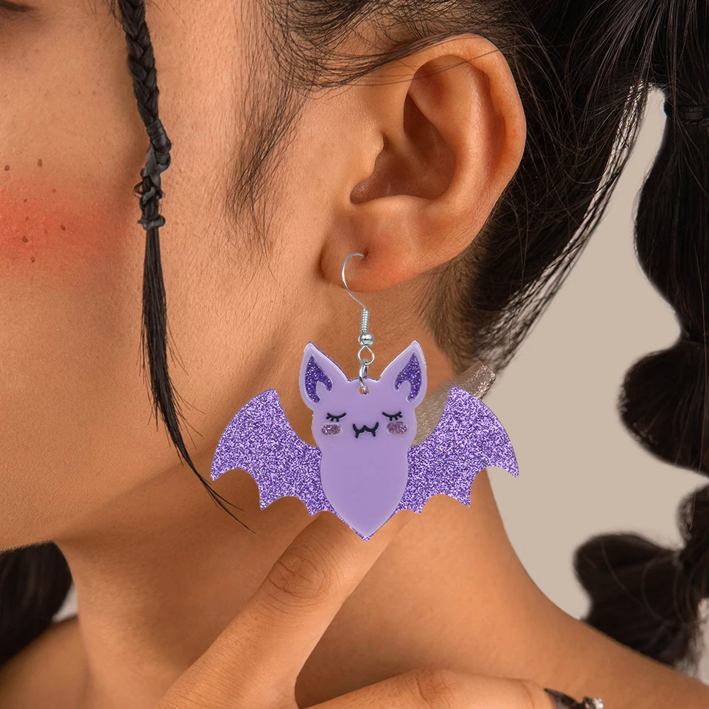 Halloween Funny Earrings for Women Cute Purple Flying Acrylic Bat Dangle Earrings  Halloween Theme Party Jewelry Gift