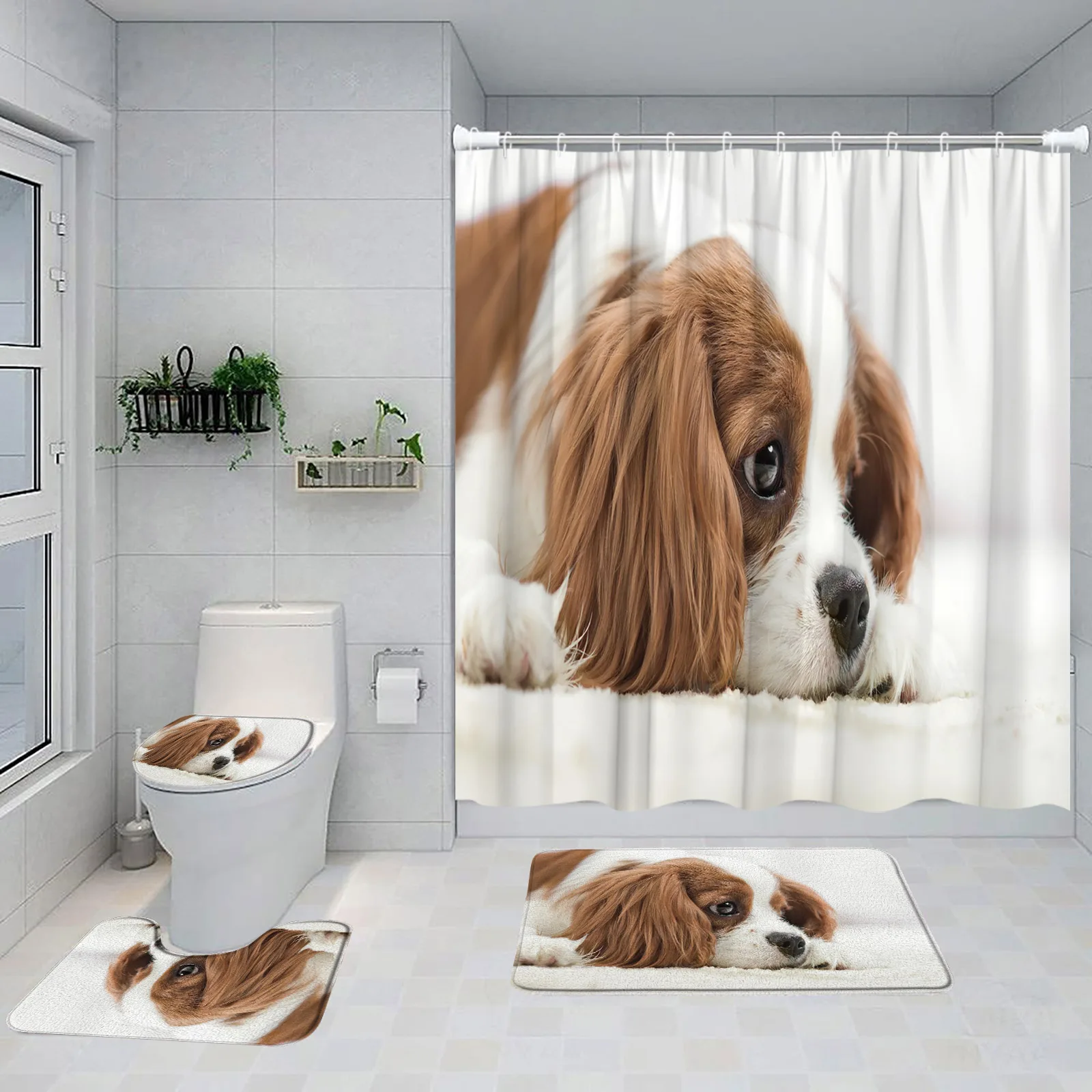 Funny Dog Shower Curtain Set Cute Animal Pet Grey Bath Curtain Home Bathroom Decor Carpet Non-Slip Rug Bath Mat Toilet Lid Cover