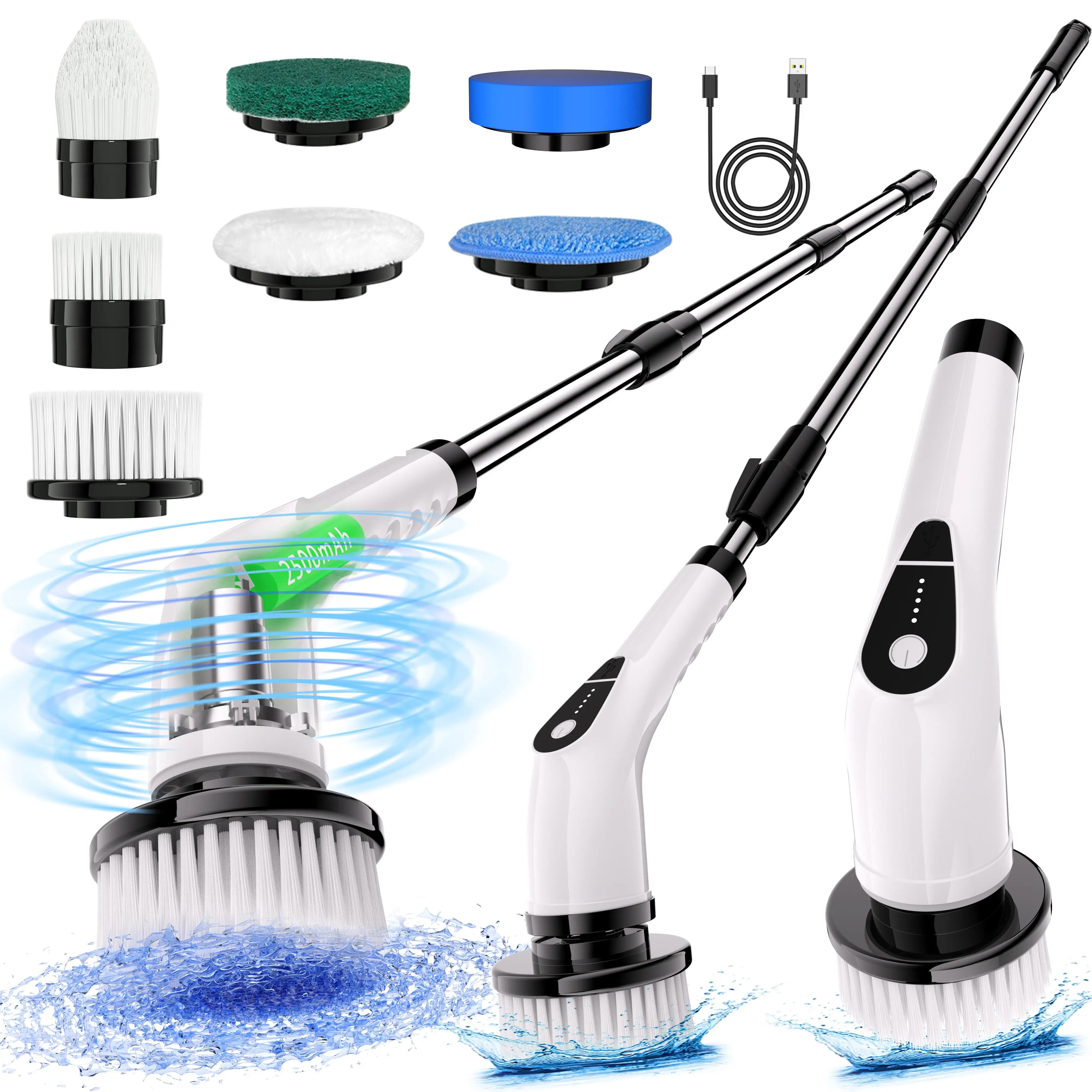 Cordless Electric Spin Scrubber Power Cleaning Brush with 7 Replaceable Heads 2-Speed Adjustable Extension Handle Rechargeable Scrub Tool LED Battery Display for Household Bathroom Tub Shower Tile Floor Kitchen