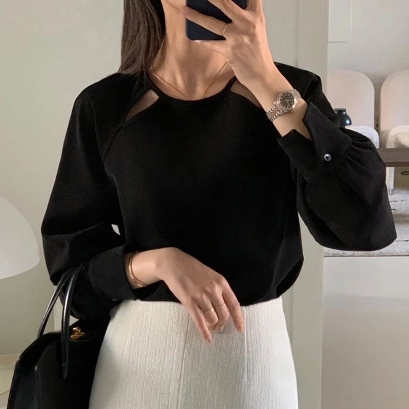 Nomikuma Korean Chic Winter Niche Elegant Round Neck Hollow Out Design Casual Versatile Long Sleeved Solid Color Shirt for Women