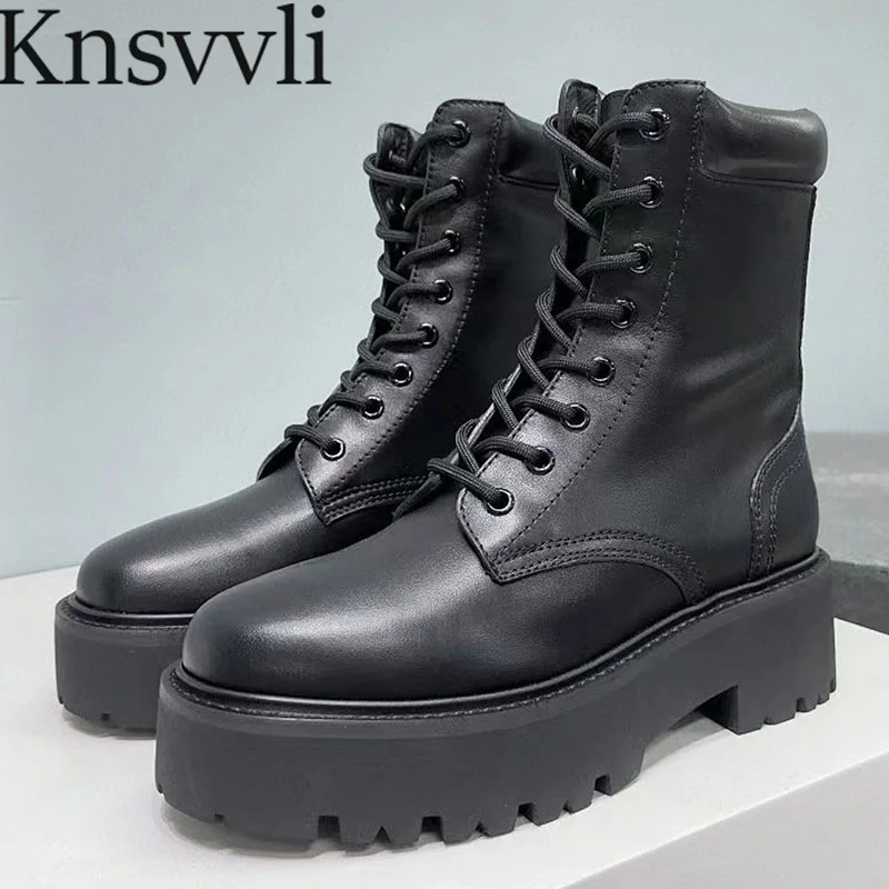 

Autumn Flat Motorcycle Boots Women Genuine Leather Short Boots Female Round Toe Lace Up Thick Sole Shoes For Women Botas Mujer