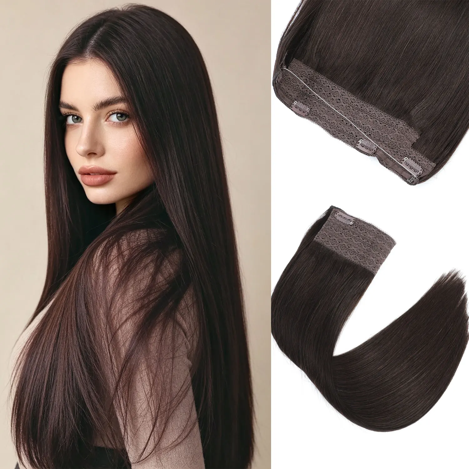 Invisible Transparent Wire Hair Extensions Straight Remy Hair Fishing Line with 4 Clips Wire Hair Extensions Real Human Hair