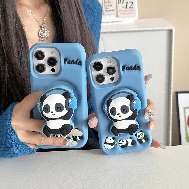 Coque de téléphone avec support télescopique en Silicone souple, casque de dessin animé Panda, étui de protection antichoc pour iPhone 15 14 16 13 12 Pro Max