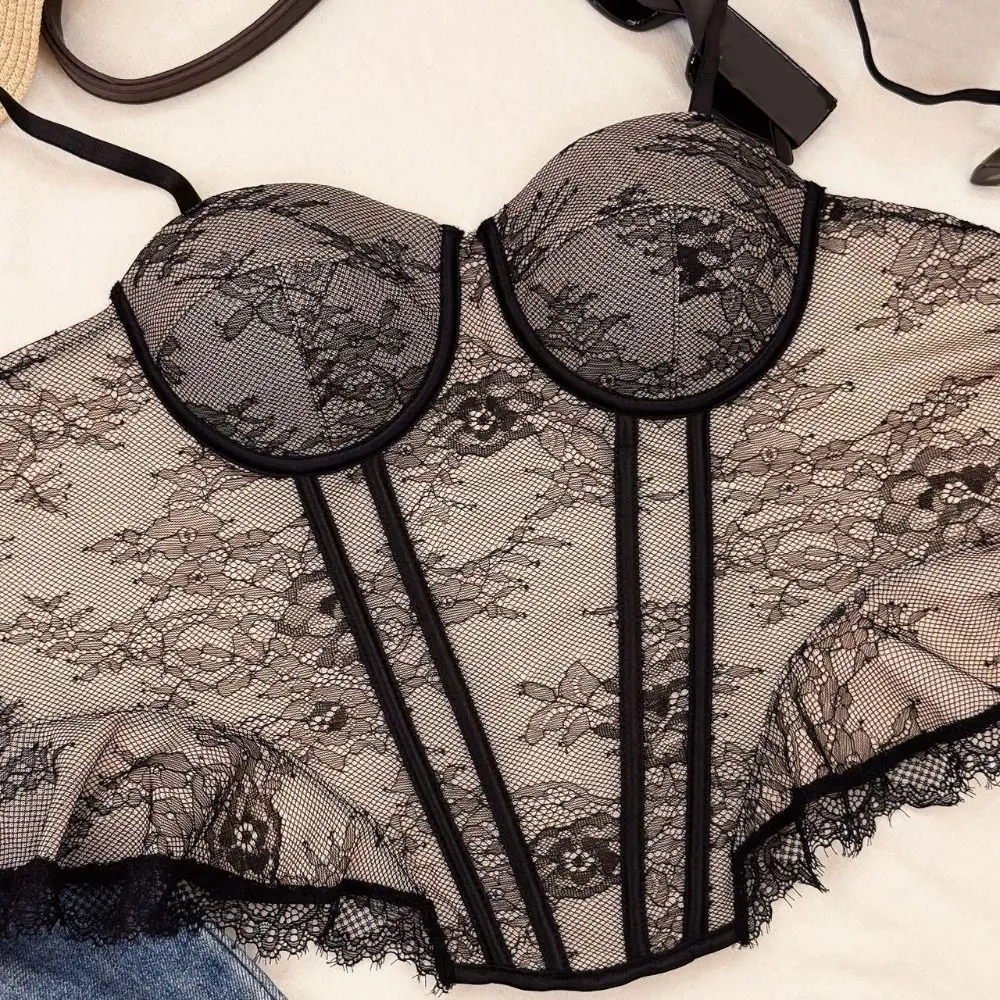 Tanktop aus Mesh-Spitze, transparentes, ärmelloses Crop-Top, Fischgrätenmuster, figurbetontes Spitzenkorsett für Damen – Detail 12