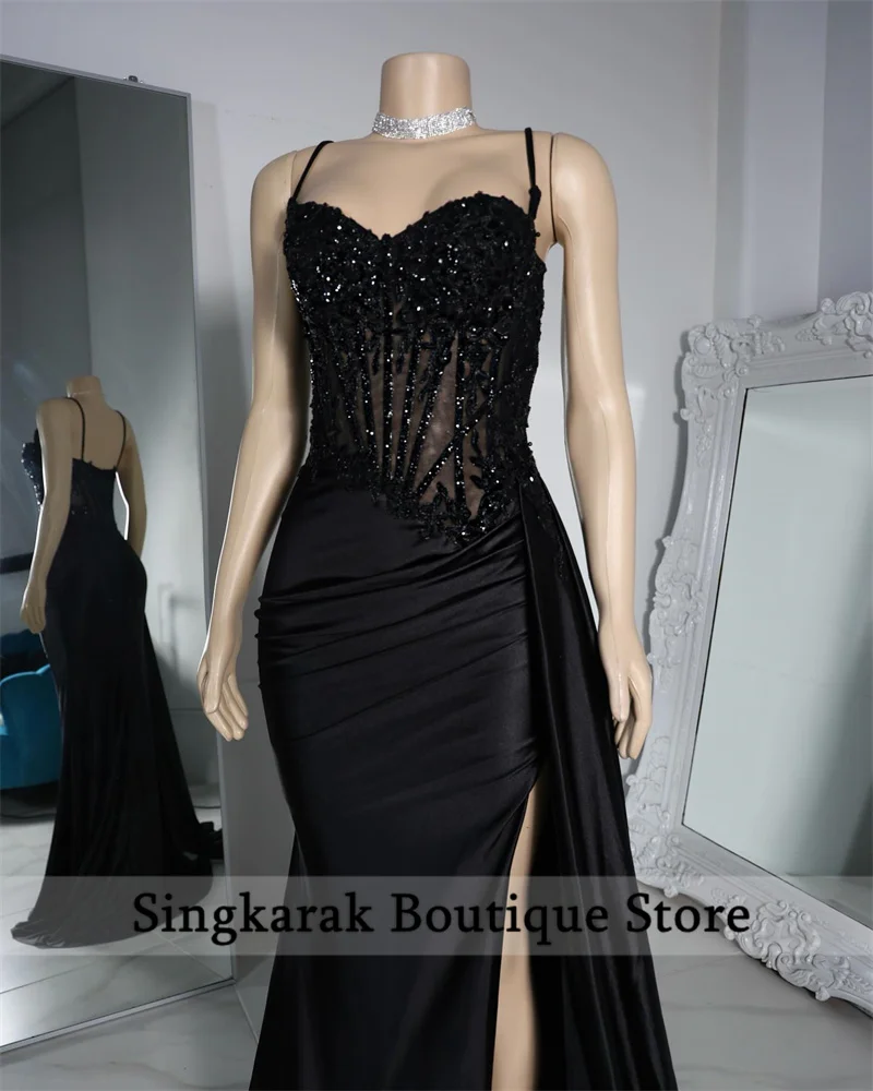 Luxury Black Mermaid Prom Dresses Strap Side Slit Lace Appliques Beads Evening Gowns Gala Party Wedding Reception Bridemaid