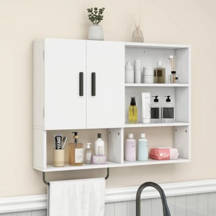 

Wooden Bathroom Wall Cabinet with 2 Doors and Adjustable Shelves White Over Toilet Storage Cabinet with Towel Bar Wall Mounted