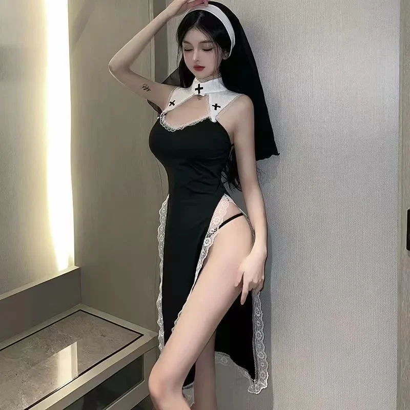 

Sexy Cute Lace High Fork Nun Black Dress Costume Women Role Play Nun Temptation Uniform Masquerade Party Sister Cosplay Suit New