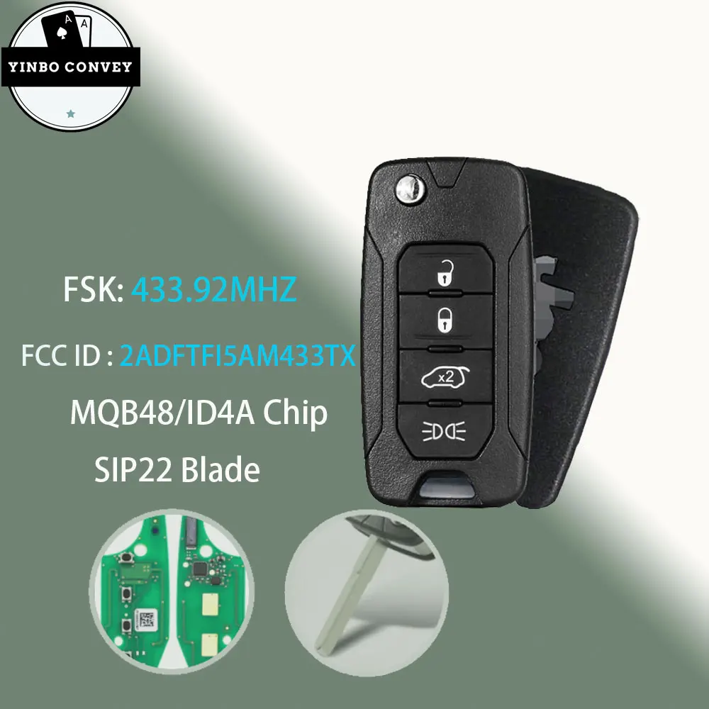 YINBO Smart Remote Key 4 Buttons 433Mhz ID4A/MQB48 Chip For Jeep Renegade 2016 2017 2018 FCCID:2ADFTFI5AM433TX SIP22 Blade