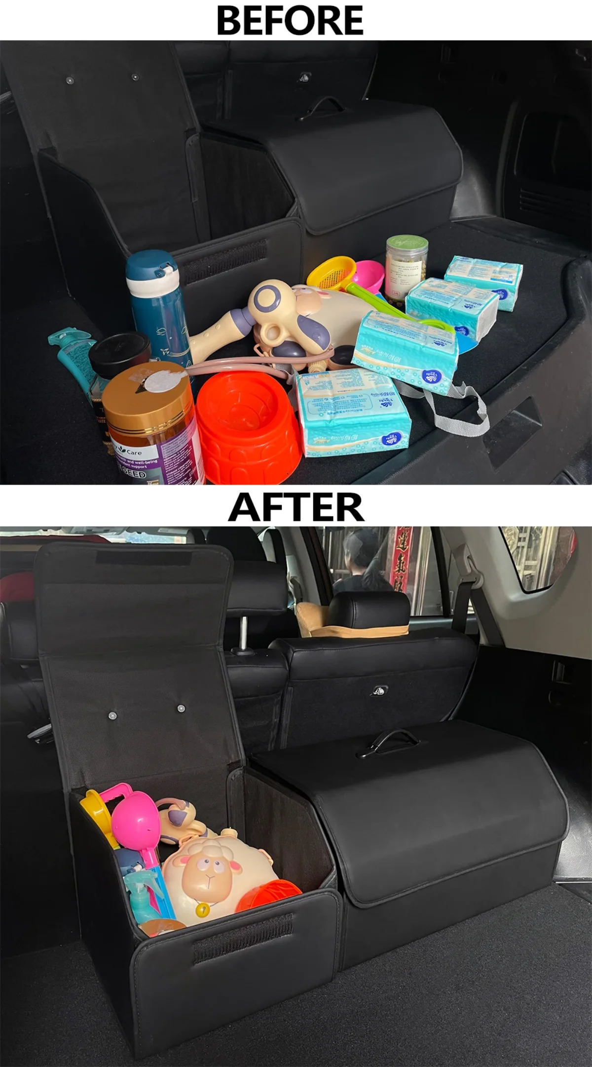 Aufbewahrungsbox aus PU-Leder, Multifunktionaler Zusammenklappbarer Kofferraum-Organizer, Auto-Zubehör für Ordnung und Aufbewahrung – Detail 5