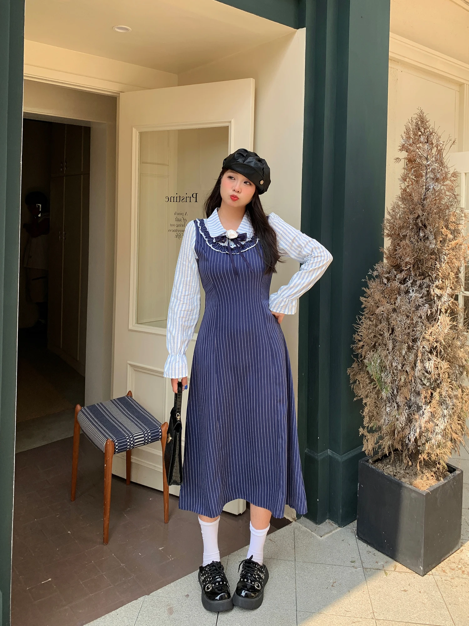 

Slimming Long Sve Patchwork Dr for plus Size Women High Waist A-Line Skirt Street Sle Polyester Fiber Long Dr