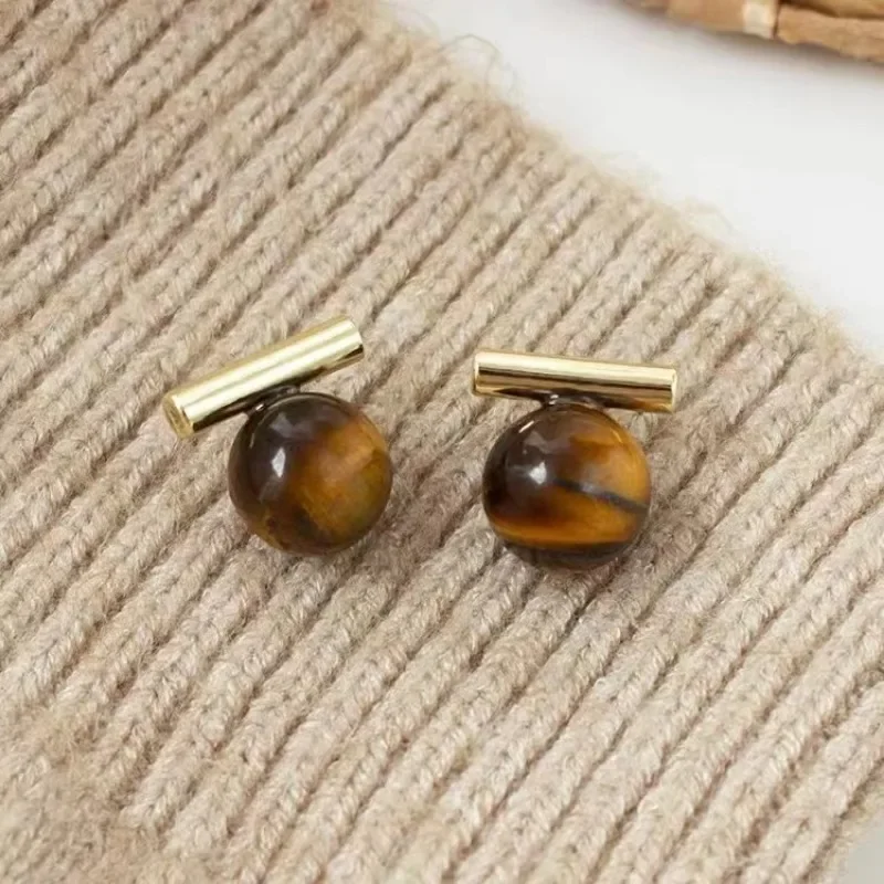 

Retro fashion round beads tiger eye stone earings stud High quality simple charm earrings for women banquets weddings jewelry