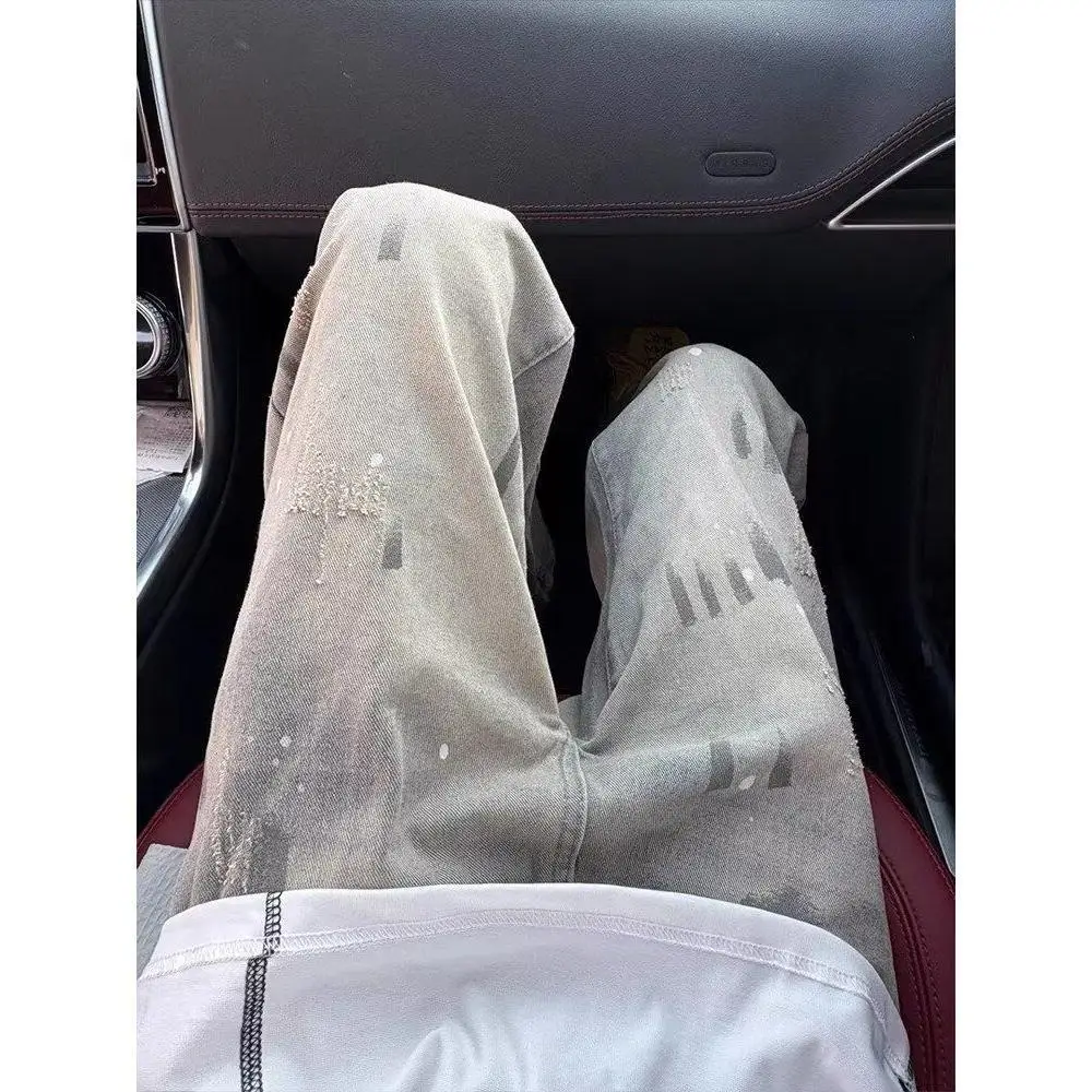 2025 New Splash ink tie dye cat paw print jeans men's style American retro vintage pants summer thin straight leg pants