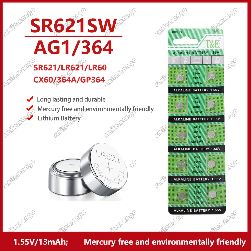 2-50PCS 1.55V 13mAh AG1 LR621 364 164 531 SR621 SR621SW SR60 CX60 Button Battery For Watch Toys Remote Cell Coin Batteries