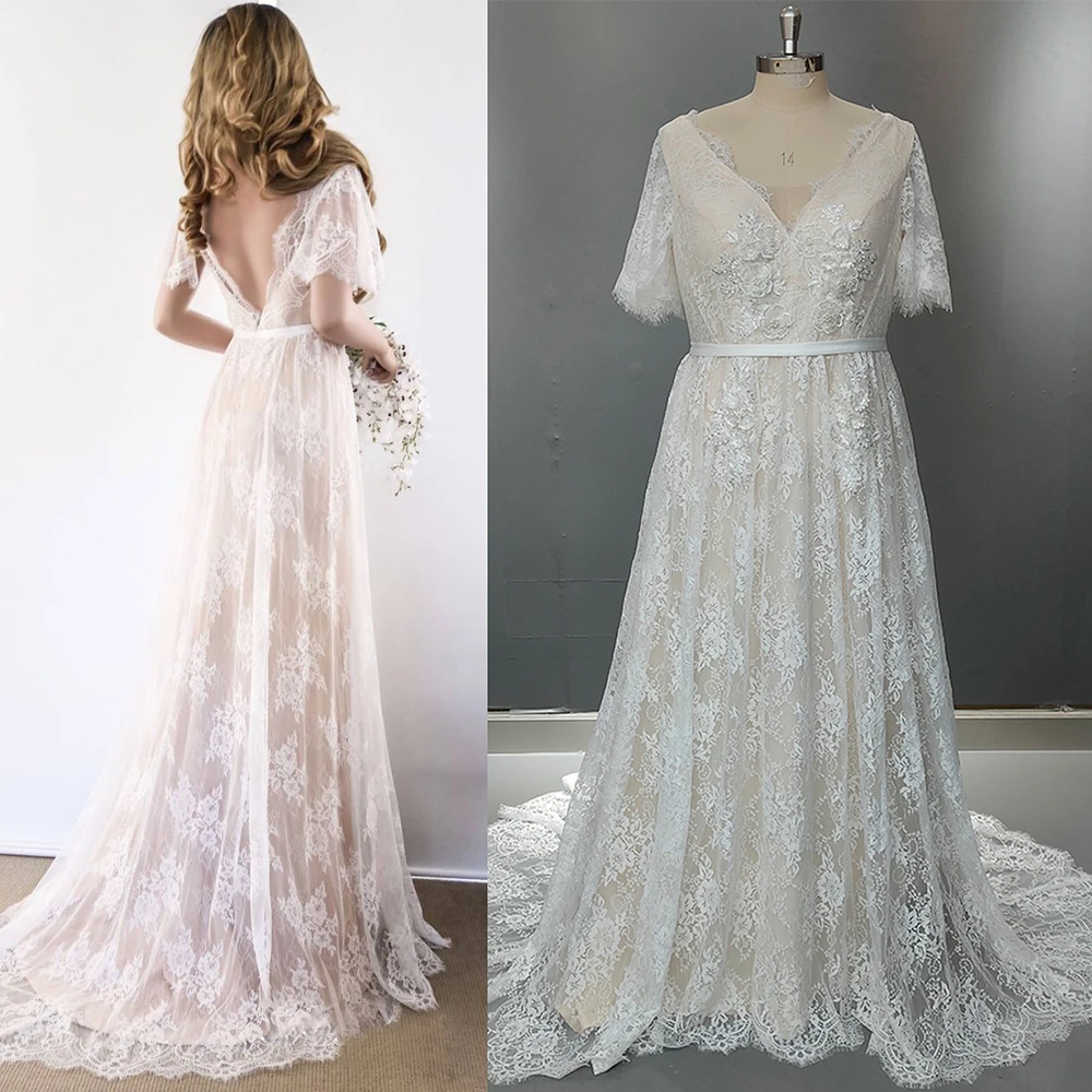 Boho laço com decote em v sem costas praia vestido de casamento mangas curtas elegante appliqued tule 2021 a linha romântico 3d flores vestidos de noiva