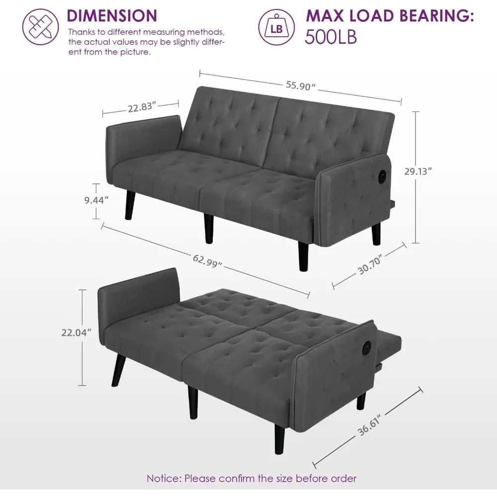 sofa, Convertible Futon Tufted Small Adjustable Folding Couch Loveseat, Mid Century Faux Leather Sleeper Sofa for Living Room image 5