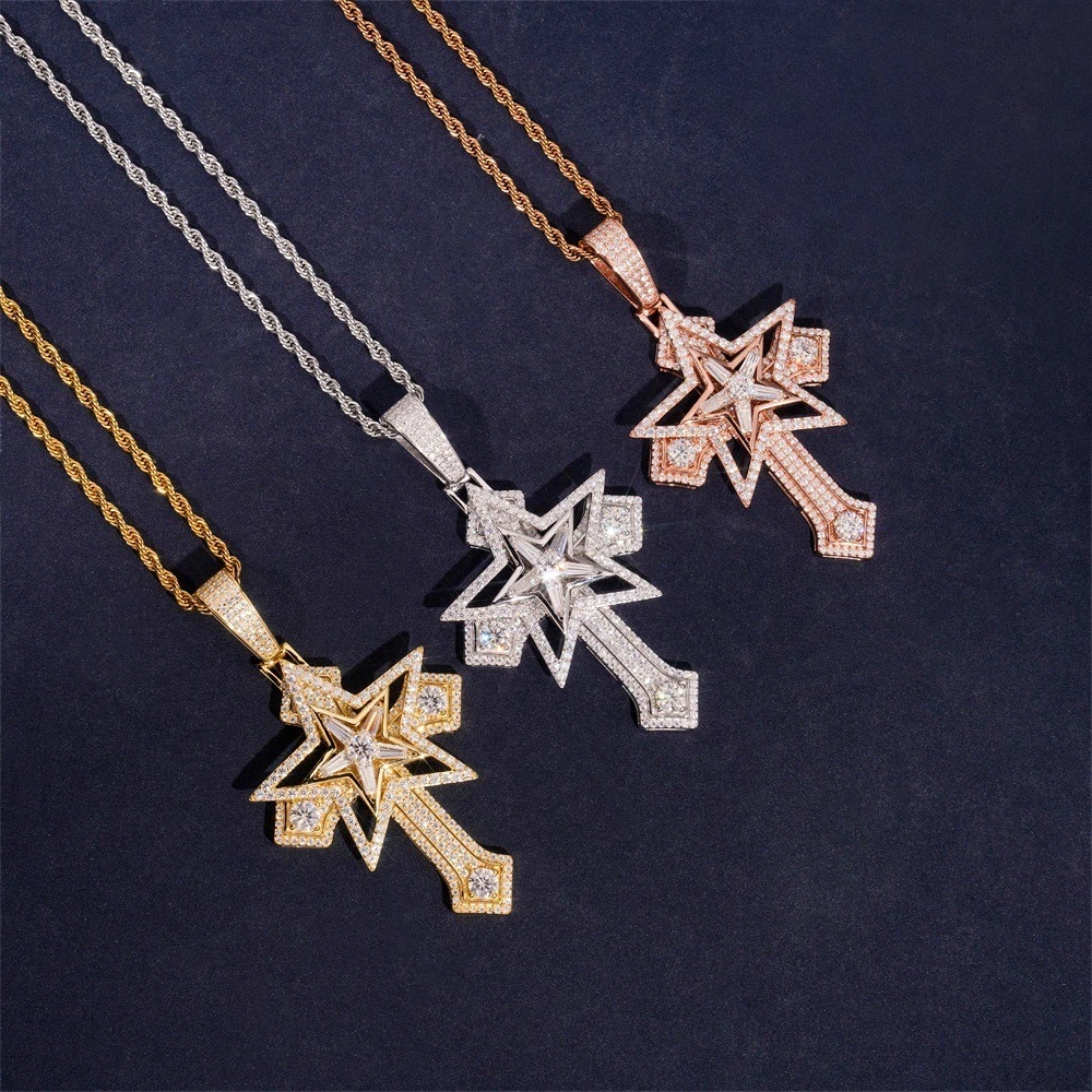 

Iced Out D Color Moissanite Star Cross Pendant 925 Silver Plated Rose Gold Jesus Religious Pendant with Steel Rope Chain Gift