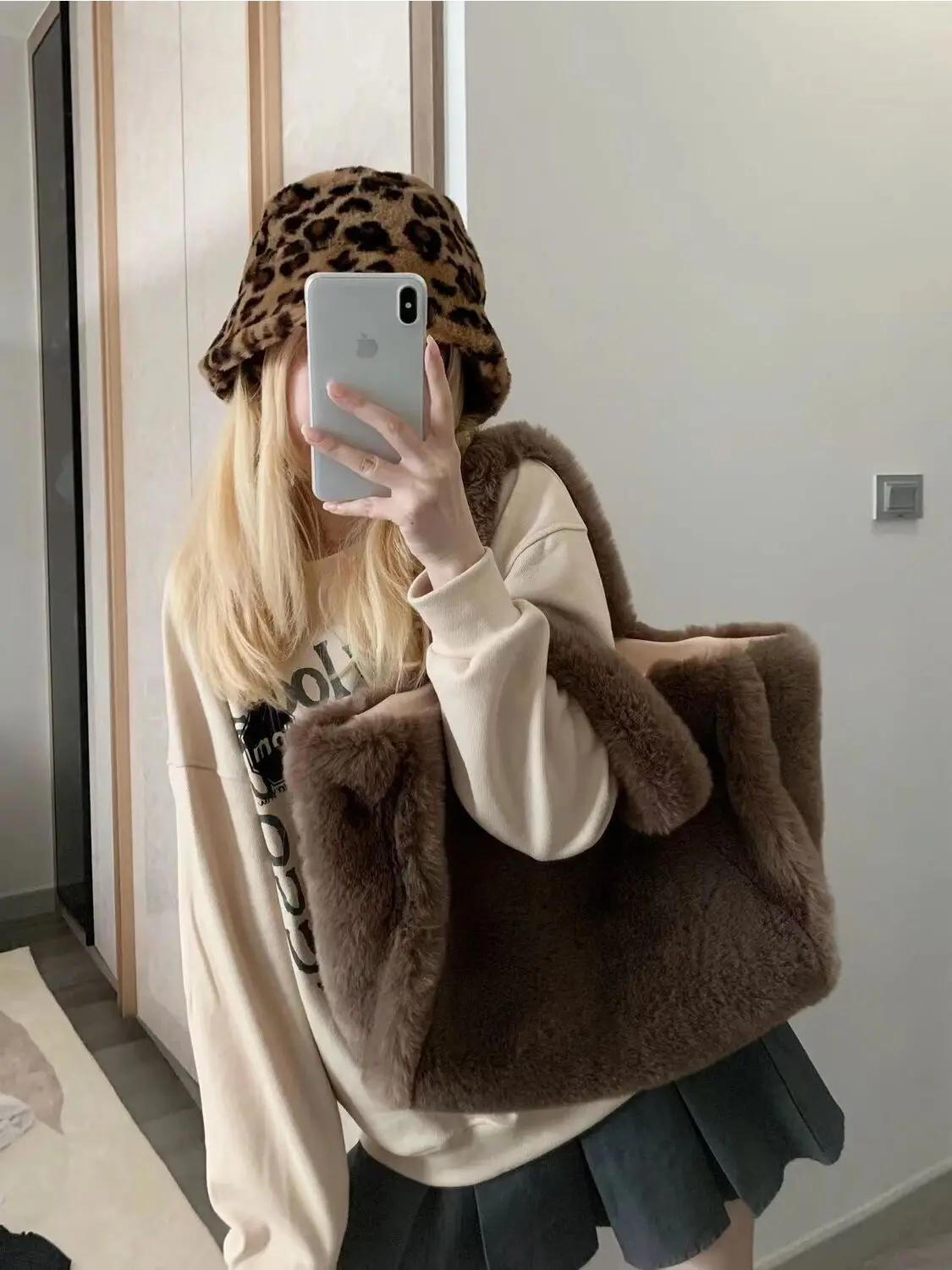 JIAERDI Plush Tote Bag Women 2023 Autumn Vintage Fur Soft Large Capacity Coffee Shoulder Bag Female Retro Y2k Handbag Aesthetic