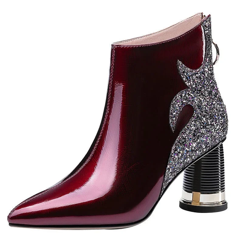 High Quality Women\'s Boots 2023 Shiny Sequined Ladies High Heels Sexy Pointed Ankle Boots Comfor Chunky Heel Office Female Shoes