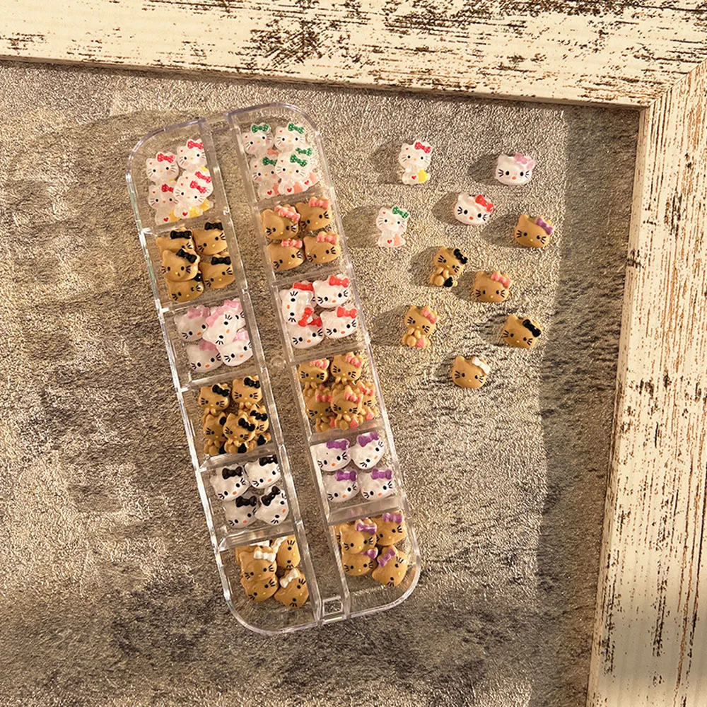 12 Siatek Czarne Kokardki Brązowe Ozdoby do Paznokci Hello Kitty 3D Mieszane Główki Kotków Jesień Zima Akcesoria Hello Kitty Dekoracje do Paznokci