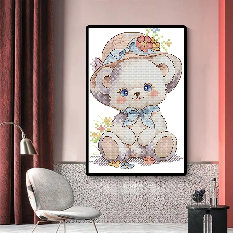 Cross Stitch Kit Joy Sunday Bear in A Straw Hat HD Pattern Printed Counted Fabric Aida 16/14/11CT DIY Embroidery Kit  Craft Kit