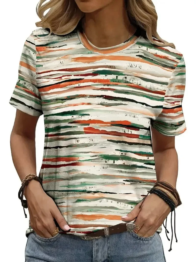 Retro oil painting striped printed short sleeved T-shirt for women contrasting color strokes striped loose round neck casual top